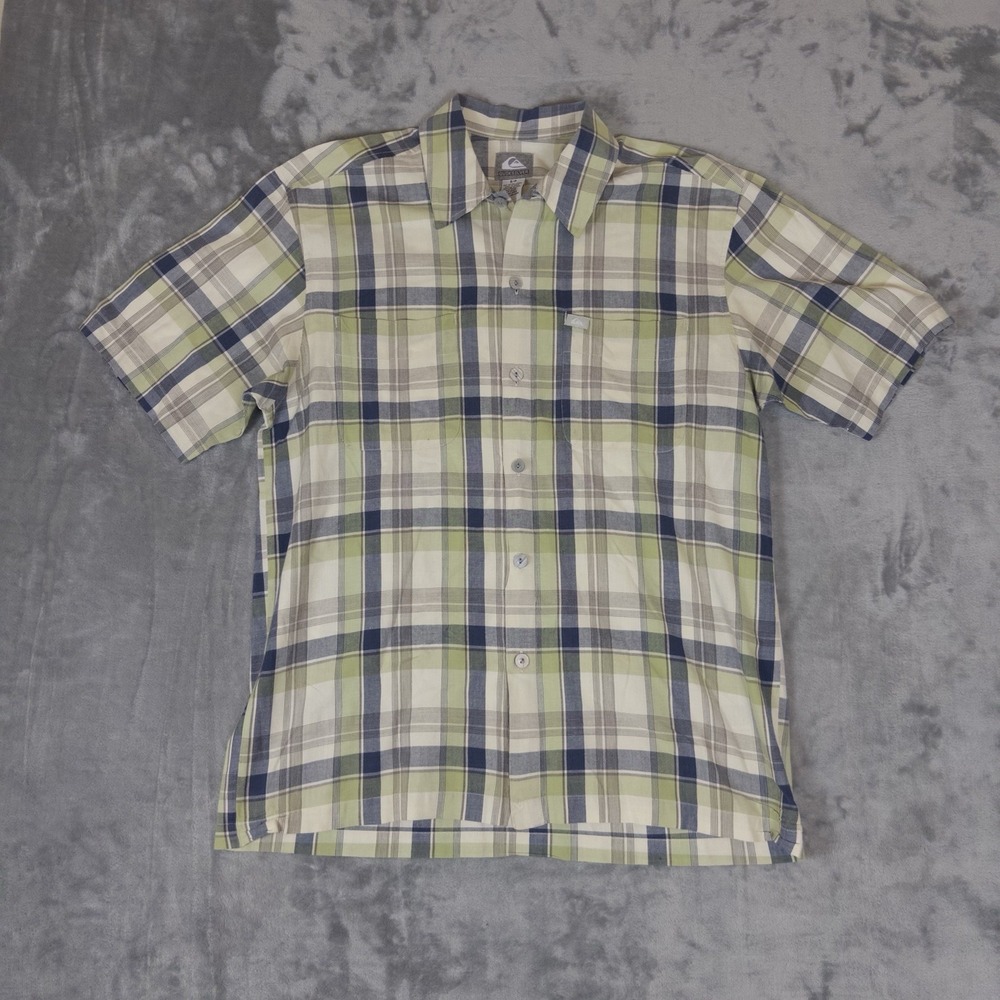 Quicksilver‎ Button Down Shirt Mens Small Plaid Short Sleeve Casual Green Beach